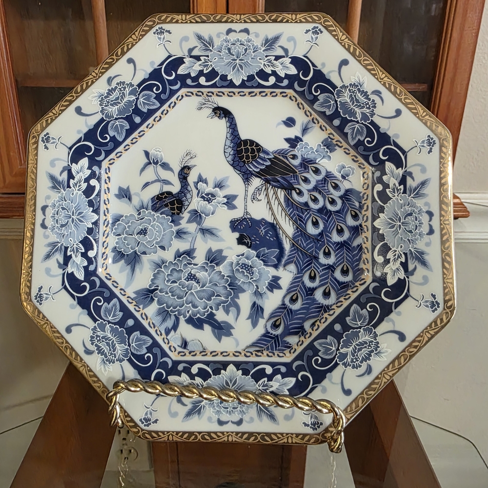 Blue and White Octagonal Peacock Plate